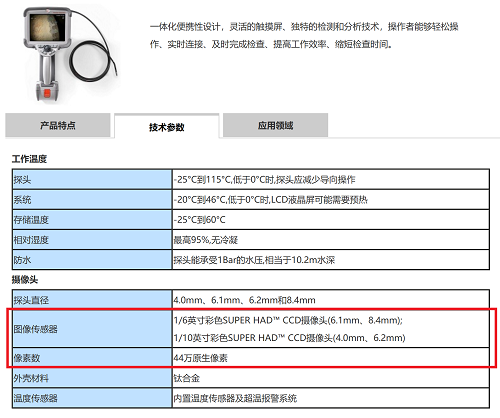 韦林工业视频内窥镜成像参数