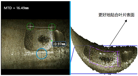 对飞机发动机叶片凹坑进行检测测量的示意图